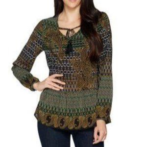 Du Jour V-Neck Printed Top with Front Tassel Black Multi Color X-Small